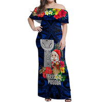 Guam Christmas Off Shoulder Maxi Dress Santa Gift Latte Stone and Sea Turle Mix Hibiscus Chamorro Blue Style LT03 Women Blue - Polynesian Pride