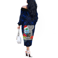 Guam Christmas Off The Shoulder Long Sleeve Dress Santa Gift Latte Stone and Sea Turle Mix Hibiscus Chamorro Blue Style LT03 - Polynesian Pride
