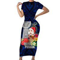 Guam Christmas Short Sleeve Bodycon Dress Santa Gift Latte Stone and Sea Turle Mix Hibiscus Chamorro Blue Style LT03 Long Dress Blue - Polynesian Pride