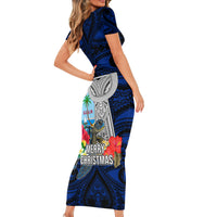 Guam Christmas Short Sleeve Bodycon Dress Santa Gift Latte Stone and Sea Turle Mix Hibiscus Chamorro Blue Style LT03 - Polynesian Pride