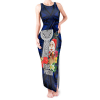 Guam Christmas Tank Maxi Dress Santa Gift Latte Stone and Sea Turle Mix Hibiscus Chamorro Blue Style LT03 Women Blue - Polynesian Pride