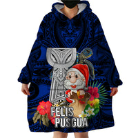 Guam Christmas Wearable Blanket Hoodie Santa Gift Latte Stone and Sea Turle Mix Hibiscus Chamorro Blue Style LT03 - Polynesian Pride