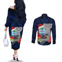 Custom Guam Christmas Couples Matching Off The Shoulder Long Sleeve Dress and Long Sleeve Button Shirt Santa Gift Latte Stone and Sea Turle Mix Hibiscus Chamorro Blue Style LT03 - Polynesian Pride