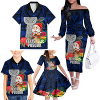 Custom Guam Christmas Family Matching Off Shoulder Long Sleeve Dress and Hawaiian Shirt Santa Gift Latte Stone and Sea Turle Mix Hibiscus Chamorro Blue Style LT03 - Polynesian Pride