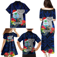 Custom Guam Christmas Family Matching Puletasi Dress and Hawaiian Shirt Santa Gift Latte Stone and Sea Turle Mix Hibiscus Chamorro Blue Style LT03 - Polynesian Pride
