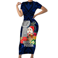 Custom Guam Christmas Family Matching Short Sleeve Bodycon Dress and Hawaiian Shirt Santa Gift Latte Stone and Sea Turle Mix Hibiscus Chamorro Blue Style LT03 Mom's Dress Blue - Polynesian Pride