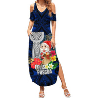 Custom Guam Christmas Family Matching Summer Maxi Dress and Hawaiian Shirt Santa Gift Latte Stone and Sea Turle Mix Hibiscus Chamorro Blue Style LT03 Mom's Dress Blue - Polynesian Pride
