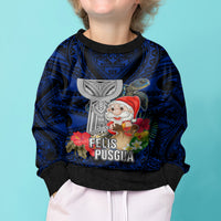 Custom Guam Christmas Kid Ugly Christmas Sweater Santa Gift Latte Stone and Sea Turle Mix Hibiscus Chamorro Blue Style LT03 - Polynesian Pride