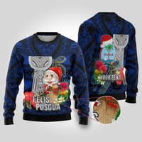 Custom Guam Christmas Ugly Christmas Sweater Santa Gift Latte Stone and Sea Turle Mix Hibiscus Chamorro Blue Style LT03 Blue - Polynesian Pride