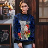 Custom Guam Christmas Ugly Christmas Sweater Santa Gift Latte Stone and Sea Turle Mix Hibiscus Chamorro Blue Style LT03 - Polynesian Pride