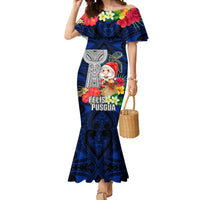 Custom Guam Christmas Mermaid Dress Santa Gift Latte Stone and Sea Turle Mix Hibiscus Chamorro Blue Style LT03 Women Blue - Polynesian Pride
