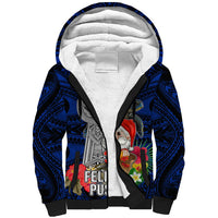 Custom Guam Christmas Sherpa Hoodie Santa Gift Latte Stone and Sea Turle Mix Hibiscus Chamorro Blue Style LT03 Unisex Blue - Polynesian Pride