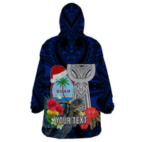 Custom Guam Christmas Wearable Blanket Hoodie Santa Gift Latte Stone and Sea Turle Mix Hibiscus Chamorro Blue Style LT03 - Polynesian Pride
