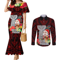 Guam Christmas Couples Matching Mermaid Dress and Long Sleeve Button Shirt Santa Gift Latte Stone and Sea Turle Mix Hibiscus Chamorro Red Style LT03 Red - Polynesian Pride