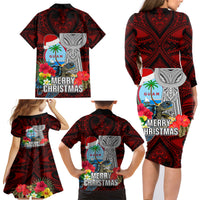 Guam Christmas Family Matching Long Sleeve Bodycon Dress and Hawaiian Shirt Santa Gift Latte Stone and Sea Turle Mix Hibiscus Chamorro Red Style LT03 - Polynesian Pride
