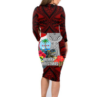 Guam Christmas Family Matching Long Sleeve Bodycon Dress and Hawaiian Shirt Santa Gift Latte Stone and Sea Turle Mix Hibiscus Chamorro Red Style LT03 - Polynesian Pride