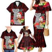 Guam Christmas Family Matching Mermaid Dress and Hawaiian Shirt Santa Gift Latte Stone and Sea Turle Mix Hibiscus Chamorro Red Style LT03 - Polynesian Pride