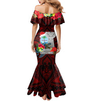 Guam Christmas Family Matching Mermaid Dress and Hawaiian Shirt Santa Gift Latte Stone and Sea Turle Mix Hibiscus Chamorro Red Style LT03 - Polynesian Pride