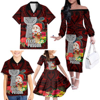 Guam Christmas Family Matching Off Shoulder Long Sleeve Dress and Hawaiian Shirt Santa Gift Latte Stone and Sea Turle Mix Hibiscus Chamorro Red Style LT03 - Polynesian Pride