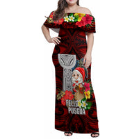 Guam Christmas Family Matching Off Shoulder Maxi Dress and Hawaiian Shirt Santa Gift Latte Stone and Sea Turle Mix Hibiscus Chamorro Red Style LT03 Mom's Dress Red - Polynesian Pride