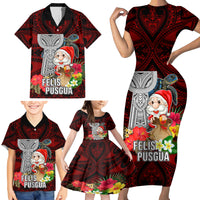 Guam Christmas Family Matching Short Sleeve Bodycon Dress and Hawaiian Shirt Santa Gift Latte Stone and Sea Turle Mix Hibiscus Chamorro Red Style LT03 - Polynesian Pride
