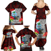 Guam Christmas Family Matching Summer Maxi Dress and Hawaiian Shirt Santa Gift Latte Stone and Sea Turle Mix Hibiscus Chamorro Red Style LT03 - Polynesian Pride