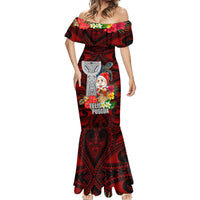 Guam Christmas Mermaid Dress Santa Gift Latte Stone and Sea Turle Mix Hibiscus Chamorro Red Style LT03 - Polynesian Pride