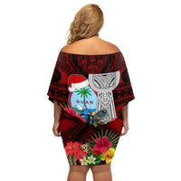 Guam Christmas Off Shoulder Short Dress Santa Gift Latte Stone and Sea Turle Mix Hibiscus Chamorro Red Style LT03 - Polynesian Pride