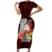 Guam Christmas Short Sleeve Bodycon Dress Santa Gift Latte Stone and Sea Turle Mix Hibiscus Chamorro Red Style LT03 Long Dress Red - Polynesian Pride