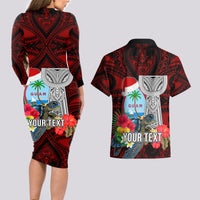 Custom Guam Christmas Couples Matching Long Sleeve Bodycon Dress and Hawaiian Shirt Santa Gift Latte Stone and Sea Turle Mix Hibiscus Chamorro Red Style LT03 - Polynesian Pride