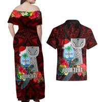 Custom Guam Christmas Couples Matching Off Shoulder Maxi Dress and Hawaiian Shirt Santa Gift Latte Stone and Sea Turle Mix Hibiscus Chamorro Red Style LT03 - Polynesian Pride