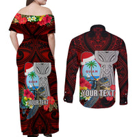 Custom Guam Christmas Couples Matching Off Shoulder Maxi Dress and Long Sleeve Button Shirt Santa Gift Latte Stone and Sea Turle Mix Hibiscus Chamorro Red Style LT03 - Polynesian Pride