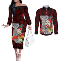 Custom Guam Christmas Couples Matching Off The Shoulder Long Sleeve Dress and Long Sleeve Button Shirt Santa Gift Latte Stone and Sea Turle Mix Hibiscus Chamorro Red Style LT03 Red - Polynesian Pride