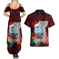Custom Guam Christmas Couples Matching Summer Maxi Dress and Hawaiian Shirt Santa Gift Latte Stone and Sea Turle Mix Hibiscus Chamorro Red Style LT03 - Polynesian Pride