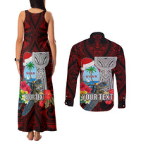 Custom Guam Christmas Couples Matching Tank Maxi Dress and Long Sleeve Button Shirt Santa Gift Latte Stone and Sea Turle Mix Hibiscus Chamorro Red Style LT03 - Polynesian Pride
