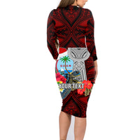 Custom Guam Christmas Family Matching Long Sleeve Bodycon Dress and Hawaiian Shirt Santa Gift Latte Stone and Sea Turle Mix Hibiscus Chamorro Red Style LT03 - Polynesian Pride