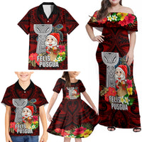 Custom Guam Christmas Family Matching Off Shoulder Maxi Dress and Hawaiian Shirt Santa Gift Latte Stone and Sea Turle Mix Hibiscus Chamorro Red Style LT03 - Polynesian Pride