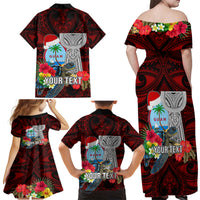 Custom Guam Christmas Family Matching Off Shoulder Maxi Dress and Hawaiian Shirt Santa Gift Latte Stone and Sea Turle Mix Hibiscus Chamorro Red Style LT03 - Polynesian Pride