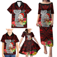 Custom Guam Christmas Family Matching Puletasi Dress and Hawaiian Shirt Santa Gift Latte Stone and Sea Turle Mix Hibiscus Chamorro Red Style LT03 - Polynesian Pride