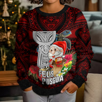 Custom Guam Christmas Kid Ugly Christmas Sweater Santa Gift Latte Stone and Sea Turle Mix Hibiscus Chamorro Red Style LT03 - Polynesian Pride