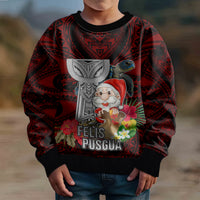 Custom Guam Christmas Kid Ugly Christmas Sweater Santa Gift Latte Stone and Sea Turle Mix Hibiscus Chamorro Red Style LT03 - Polynesian Pride