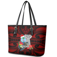 Custom Guam Christmas Leather Tote Bag Santa Gift Latte Stone and Sea Turle Mix Hibiscus Chamorro Red Style LT03 - Polynesian Pride