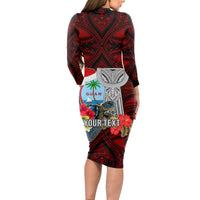 Custom Guam Christmas Long Sleeve Bodycon Dress Santa Gift Latte Stone and Sea Turle Mix Hibiscus Chamorro Red Style LT03 - Polynesian Pride