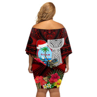 Custom Guam Christmas Off Shoulder Short Dress Santa Gift Latte Stone and Sea Turle Mix Hibiscus Chamorro Red Style LT03 - Polynesian Pride