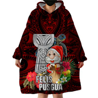 Custom Guam Christmas Wearable Blanket Hoodie Santa Gift Latte Stone and Sea Turle Mix Hibiscus Chamorro Red Style LT03 - Polynesian Pride