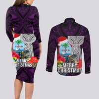 Guam Christmas Couples Matching Long Sleeve Bodycon Dress and Long Sleeve Button Shirt Santa Gift Latte Stone and Sea Turle Mix Hibiscus Chamorro Pink Style LT03 - Polynesian Pride