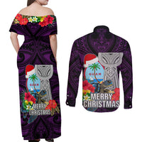 Guam Christmas Couples Matching Off Shoulder Maxi Dress and Long Sleeve Button Shirt Santa Gift Latte Stone and Sea Turle Mix Hibiscus Chamorro Pink Style LT03 - Polynesian Pride
