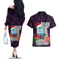 Guam Christmas Couples Matching Off The Shoulder Long Sleeve Dress and Hawaiian Shirt Santa Gift Latte Stone and Sea Turle Mix Hibiscus Chamorro Pink Style LT03 - Polynesian Pride