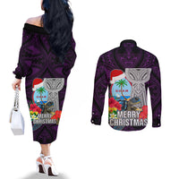 Guam Christmas Couples Matching Off The Shoulder Long Sleeve Dress and Long Sleeve Button Shirt Santa Gift Latte Stone and Sea Turle Mix Hibiscus Chamorro Pink Style LT03 - Polynesian Pride