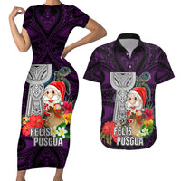 Guam Christmas Couples Matching Short Sleeve Bodycon Dress and Hawaiian Shirt Santa Gift Latte Stone and Sea Turle Mix Hibiscus Chamorro Pink Style LT03 Pink - Polynesian Pride